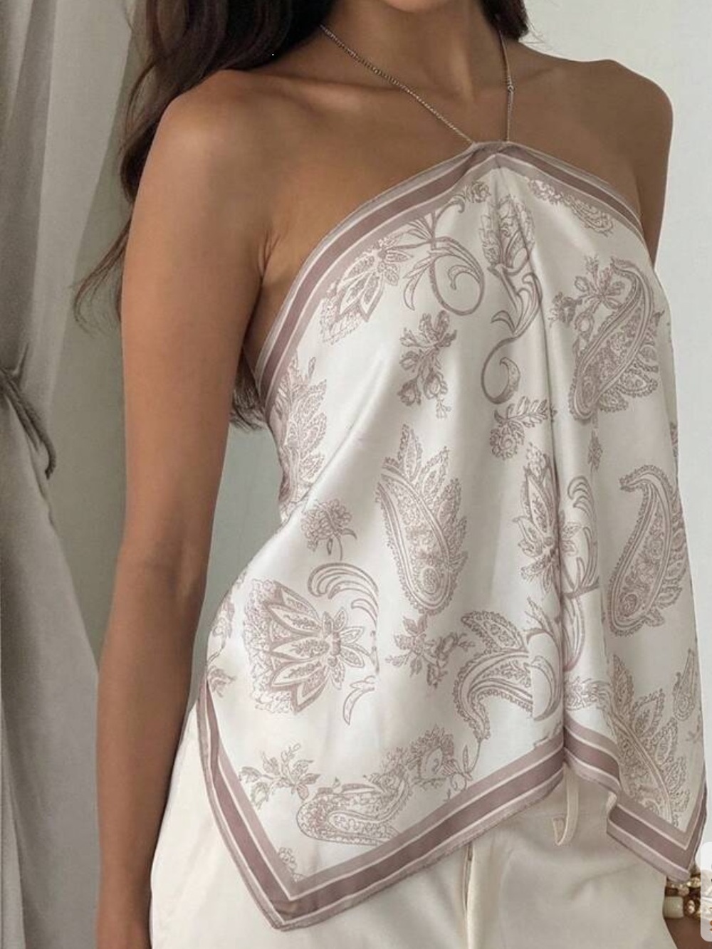 SHEIN White & Light Taupe Paisley Halter Scarf Top